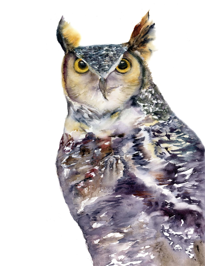 Great horned owl archival print owl watercolor original designs owl gift mindfulness gift owl art birders gift owl painting