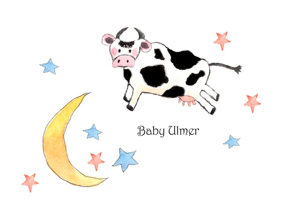 Cow jumps over the moon baby note cards-  custom baby cards - baby shower cards- cow over moon- baby thank you notes