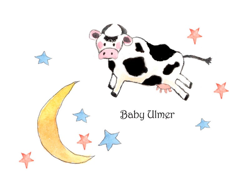Ko hoppar över månen babykort - personliga babykort - babyshowerkort - ko över månen - tackkort för bebisar bild 1