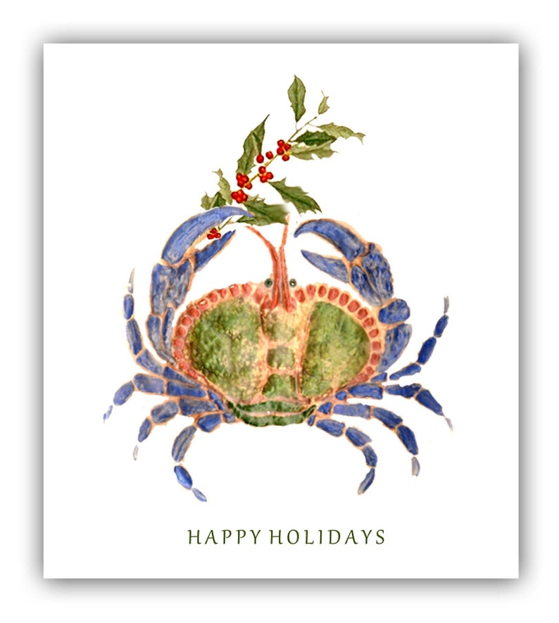 Blue Crab Christmas cards. holiday blue crab card, 10 per boxed set. greeted holiday card, nautical Christmas cards. coastal holiday cards, image 1