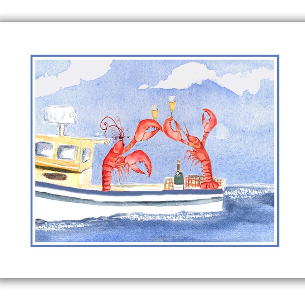 Celebrating lobsters card,  lobster toasting card, watercolor lobster, nautical birthday,  funny lobster cards.