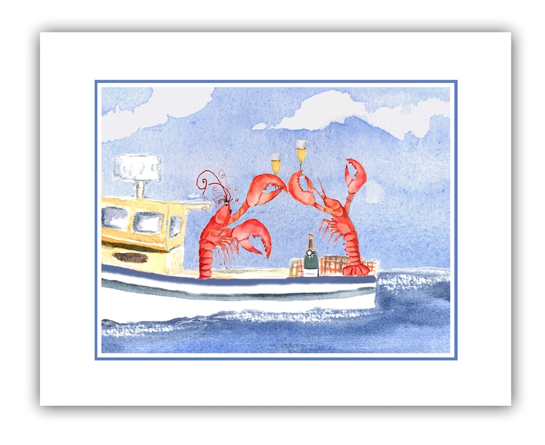 Celebrating lobsters card, lobster toasting card, watercolor lobster, nautical birthday, funny lobster cards. image 1