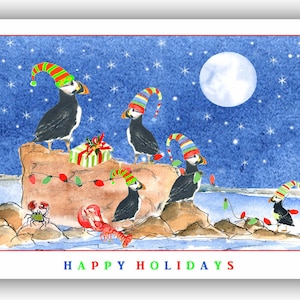 Cartes de Noël macareux - conception aquarelle macareux - amoureux des oiseaux carte de Noël - cartes oiseau macareux- macareux des fêtes