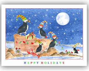 Puffin Christmas cards-  puffin watercolor design- bird lovers Christmas card- holiday puffins
