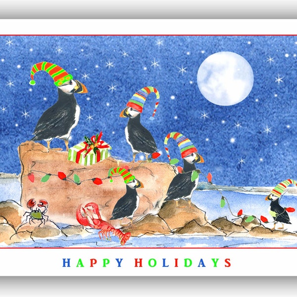 Puffin Christmas cards-  puffin watercolor design- bird lovers Christmas card- puffin bird cards- holiday puffins