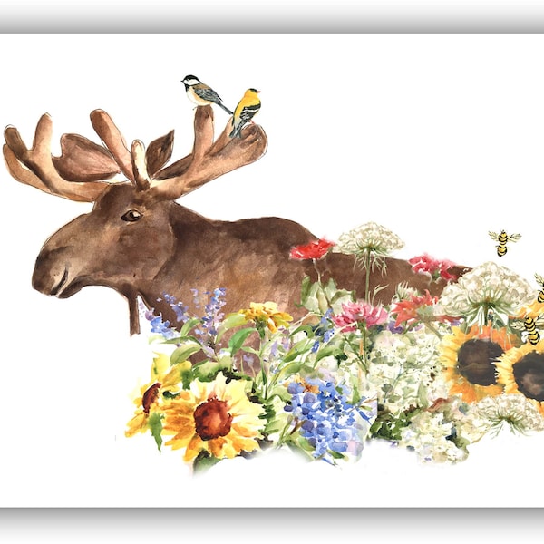 moose with flowers card, moose card, moose lovers gift, nature lovers card- watercolor moose card