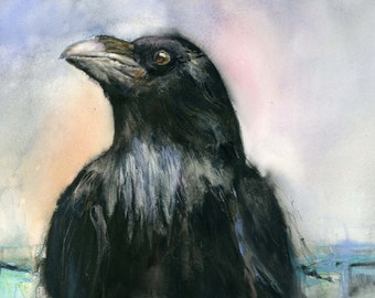 raven watercolor print- bird art- raven lovers gift- raven bird art-  bird lovers gift- birders gift- raven gift