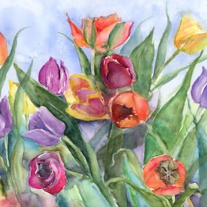tulip original watercolor  - watercolor floral art-  botanical painting- spring flower art- tulips in the garden watercolor