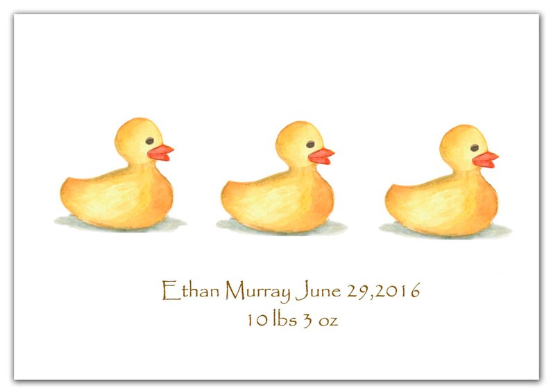 May include: Three yellow rubber duckies in a row on a white background. The text below reads "Ethan Murray June 29, 2016 10 lbs 3 oz".