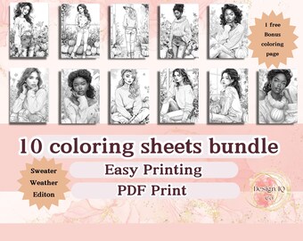 Fall weather sweater coloring page adult Autum printable PDF coloring stress relief gift kawaii girl friend coloring page bundle sheet