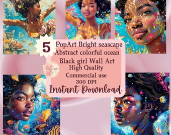 Bright seascape printable decor Black women beach illustration Abstract colorful ocean wall art Chic coastal abstract wall art summer scene