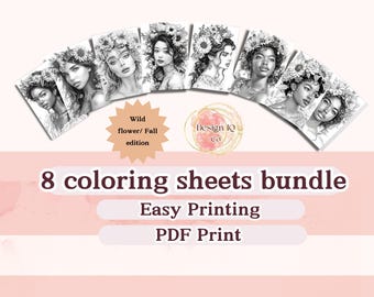 Autumn Flower women 8 digital coloring page grayscale Fall season women coloring book