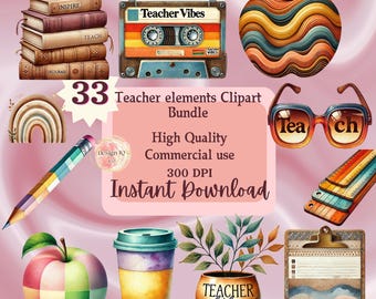 Retro teacher appreciation week printable clipart watercolor Boho teacher clipart Pastel teacher sublimation design bundle classroom decor