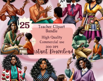 Black teacher clipart PNG set cute watercolor illustration Digital teacher clipart set Teacher sticker design classroom appreciation gift