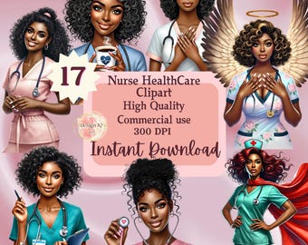 Pode incluir: Conjunto de 17 imagens digitais de clipart que representam enfermeiras negras em várias poses e trajes. As enfermeiras usam batas, um estetoscópio e algumas seguram equipamentos médicos. O texto "Nurse HealthCare Clipart High Quality Commercial use 300 DPI Instant Download" está incluído na imagem.