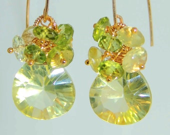 Pendientes de araña con piedras preciosas de briolette y peridoto de cuarzo limón rellenos de oro de 14 k