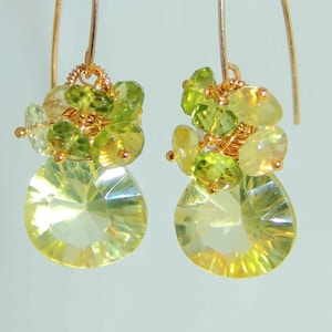 14k Gold Filled  Lemon Quartz Peridot Briolette Gemstone Chandelier Earrings