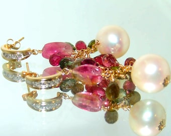 14K Gold Diamond Hoop Watermelon Tourmaline Cultured Pearl Gemstone Briolette Earrings