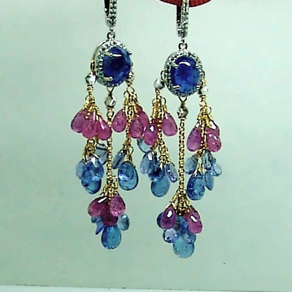 Tanzanite Pink Sapphire Gemstone Briolette Chandelier Earrings Vermeil Sterling Silver