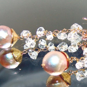 14k Gold GF Herkimer Diamond Peach Kasumi Pearl Gemstone Earrings