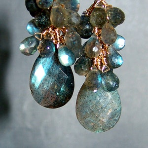 14k Leverback GF Labradorite Gemstone Briolette Cluster Earrings