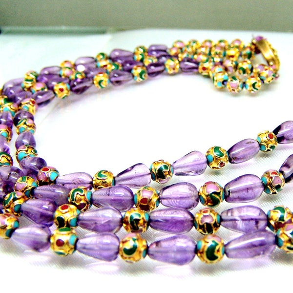 Rare Chinese Export Cloisonne Enamel Amethyst Vermeil Gilt Silver Bead Double Strand Necklace Marked