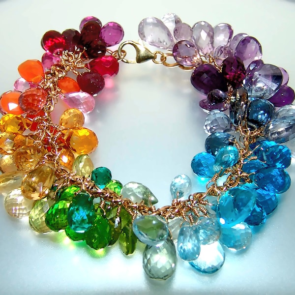 14k Gold Filled Bracelet Rainbow Gemstone Bracelet Briolette Charm Bracelet Cluster Bracelet Made to Order