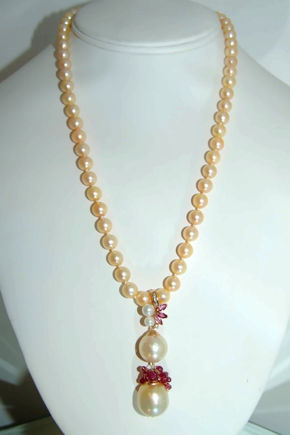 14K Gold Golden South Sea Pearl Ruby Diamond Akoya