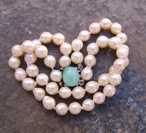 14K White Gold Jade Clasp Japanese Akoya Pearl Double Strand Bracelet Vintage