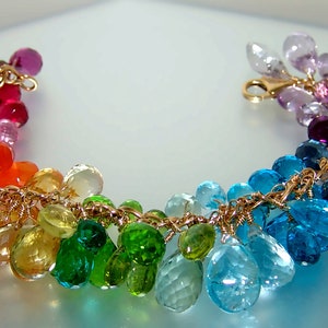 14k Gold Filled Bracelet Rainbow Gemstone Bracelet Briolette Charm Bracelet Cluster Bracelet Made to Order image 2