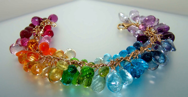 14k Gold Filled Bracelet Rainbow Gemstone Bracelet Briolette Charm Bracelet Cluster Bracelet Made to Order image 2