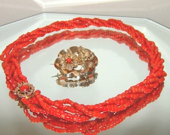 Broche de coral antiguo de oro de 14 k con coral rojo mediterráneo sin teñir, collar de varias hebras con broche a juego