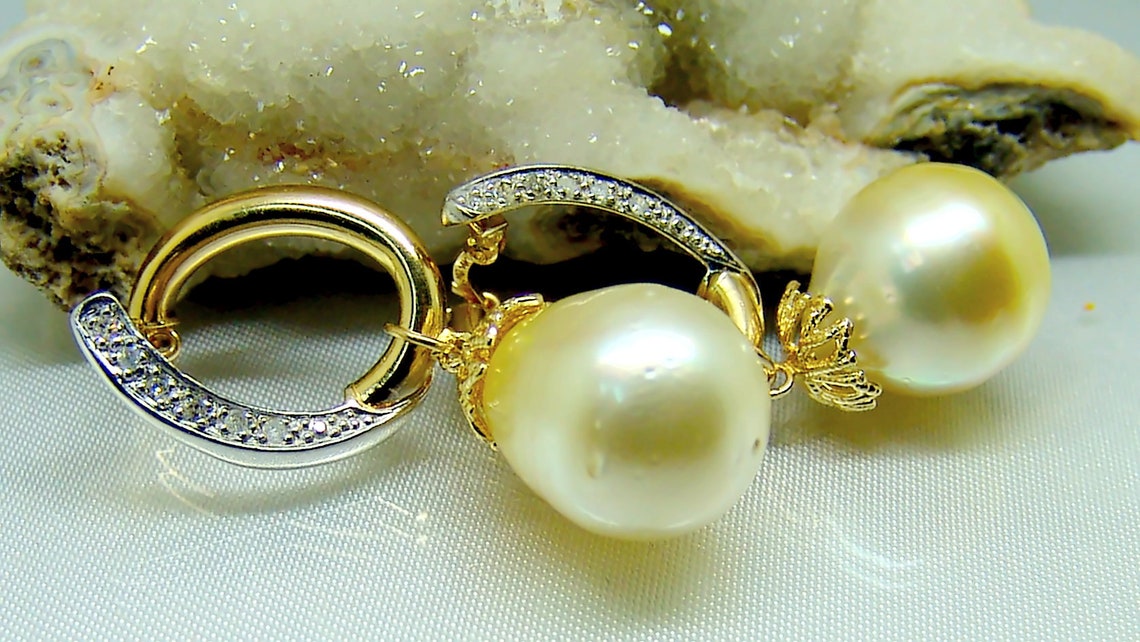 14k Gold Diamond Genuine 16mm Golden South Sea Pearl Earrings - Etsy