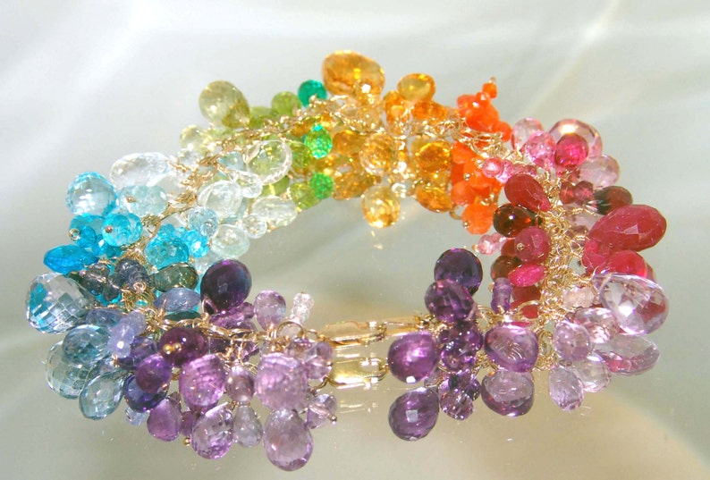 14k Gold Filled Bracelet Rainbow Gemstone Bracelet Briolette Charm Bracelet Cluster Bracelet Made to Order image 5