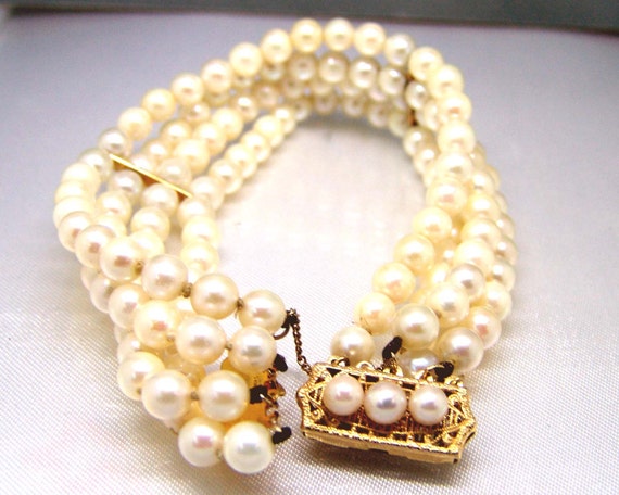 14k Gold Cultured Akoya Saltwater Pearl Four Strand Bracelet | Etsy
