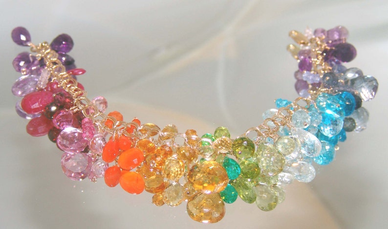 14k Gold Filled Bracelet Rainbow Gemstone Bracelet Briolette Charm Bracelet Cluster Bracelet Made to Order image 6