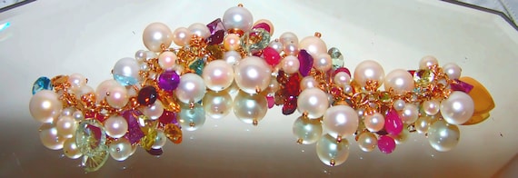 14k Gold Akoya Cultured Pearls Gemstone Cluster C… - image 2