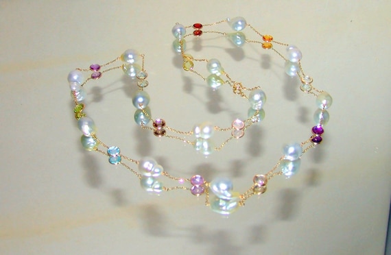 pearl aquamarine zircon briolette gemstone bracelet  7/" 14k yellow gold