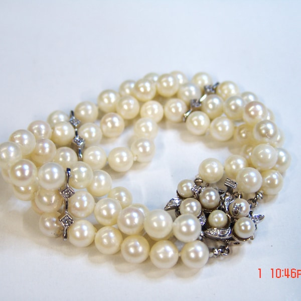 14K White Gold Diamond Pearl Clasp 3 Strand Akoya Japanese Pearl Bracelet Vintage Bridal