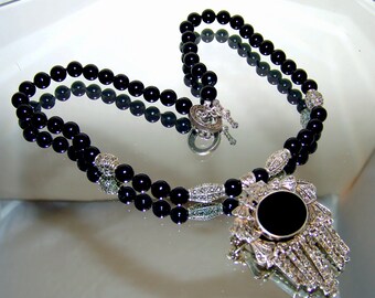 Vintage Sterling Silver Onyx Marcasite Art Deco Necklace