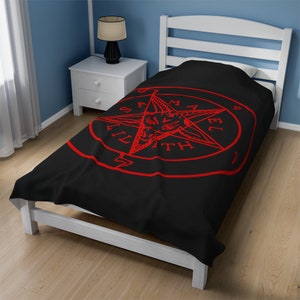 May include: Black twin-size duvet cover with a red pentagram and the words "Samael Lilith" in a circle.