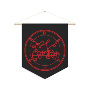 May include: A black fabric banner with a red sigil, featuring the letters "B", "H", "E", "M", and "I" around the perimeter. The sigil is a complex design with a central cross and other symbols.