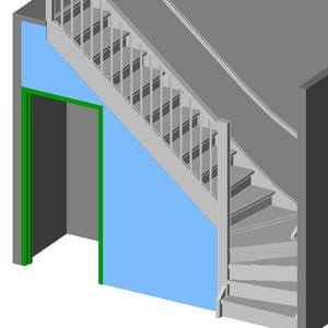 Puede incluir: Una pared azul claro con un marco de puerta verde y una escalera de madera con una barandilla blanca.