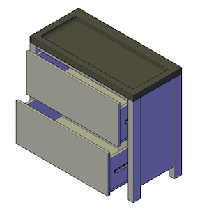 May include: A two-drawer nightstand with a dark gray top and a blue body. The drawers are light gray and have metal pulls.