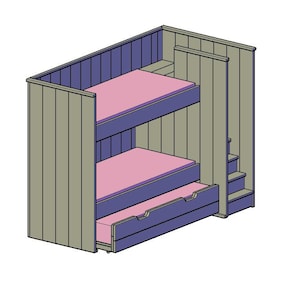 Puede incluir: Una litera de madera con un cajón extraíble. La cama está pintada de color gris claro y tiene un colchón rosa en la litera superior y un colchón rosa en la litera inferior. El cajón extraíble también está pintado de color gris claro.