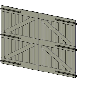 May include: A pair of double barn doors with a wood grain finish and black hardware. The doors are closed and have a diagonal X-shaped design.