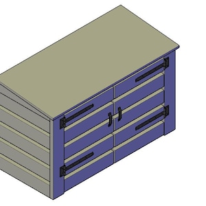 Può includere: Un capanno in legno con un esterno grigio e una porta blu con cerniere nere. La porta ha quattro pannelli orizzontali.