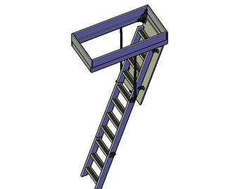 Op de afbeelding: Een witte zoldertrap met een blauw metalen frame. De trap is in gevouwen positie, met het bovenste deel van de trap naar beneden gevouwen en het onderste deel van de trap uitgeklapt.