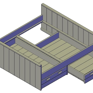 May include: A wooden bed frame with two drawers. The bed frame is painted gray with blue accents. The drawers are open and have wooden slats.