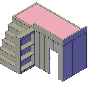May include: A wooden loft bed with a built-in bookshelf and stairs. The bed is painted grey and the bookshelf is painted blue. The bed has a pink mattress.